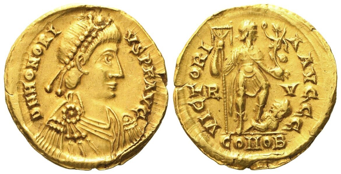 A Roman Anglo-Saxon Coin Found in Attleborough With the Monogram of Emperor Honorius